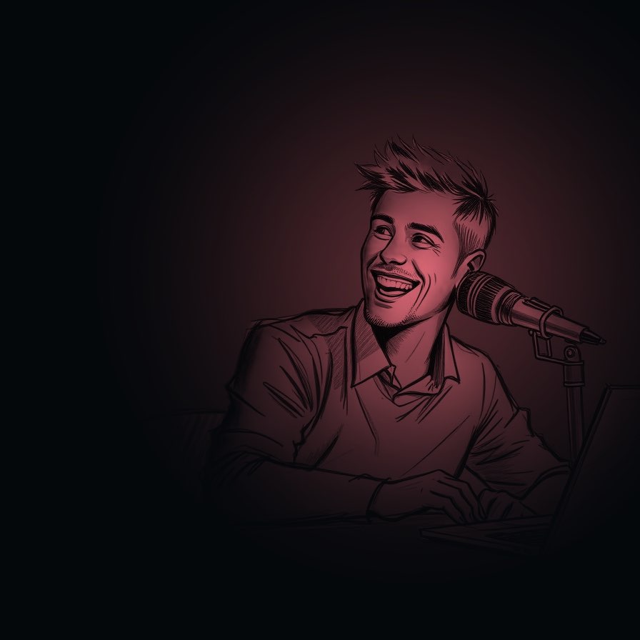 Sketch of a happy customer who is sitting at a desk in front of a laptop with a microphone