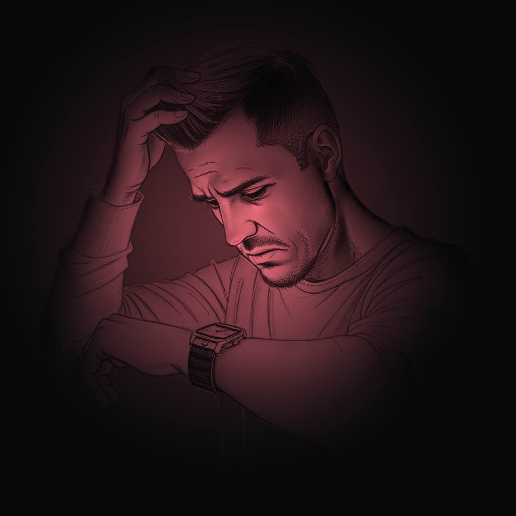 Sketch of a confused man who is looking at his wristwatch with an impatient facial expression.