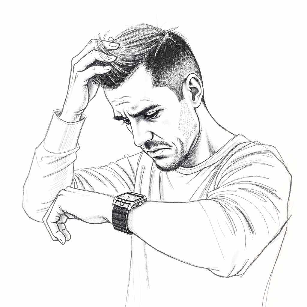 Sketch of a confused man who is looking at his wristwatch with an impatient facial expression.